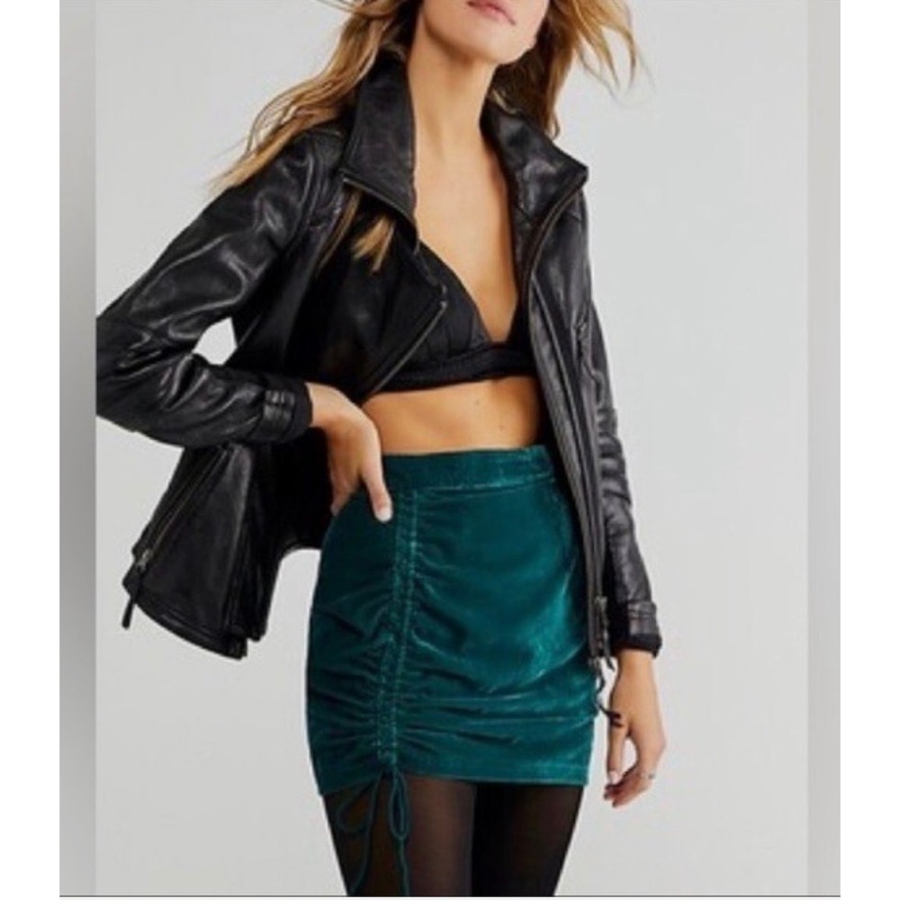 A25‎ FREE PEOPLE Vivienne Velvet Mini Skirt Gathered Teal Blue AdjustablE Sz 0